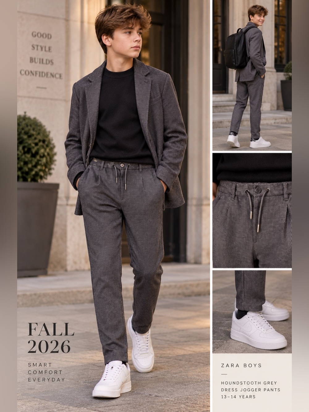 Houndstooth Grey Drawstring Dress Pants - boys